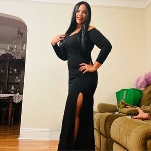 Elegant Black Off-Shoulder Dress MORTICIA COSTUME W/ WIG BLACK LONG HAIR SIZE